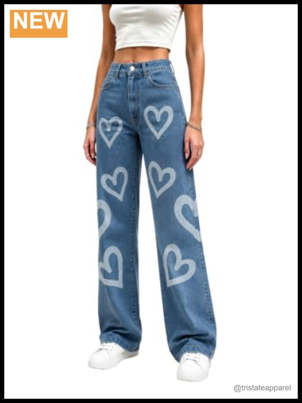 High Waist Wide Leg Boyfriend Jeans Loose Fit Heart Print Denim